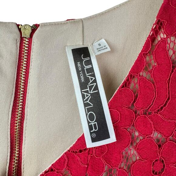 Julian Taylor NWT Red Floral Lace Sheer Nude Lining V-neck Trapeze Party Dress - Picture 12 of 14